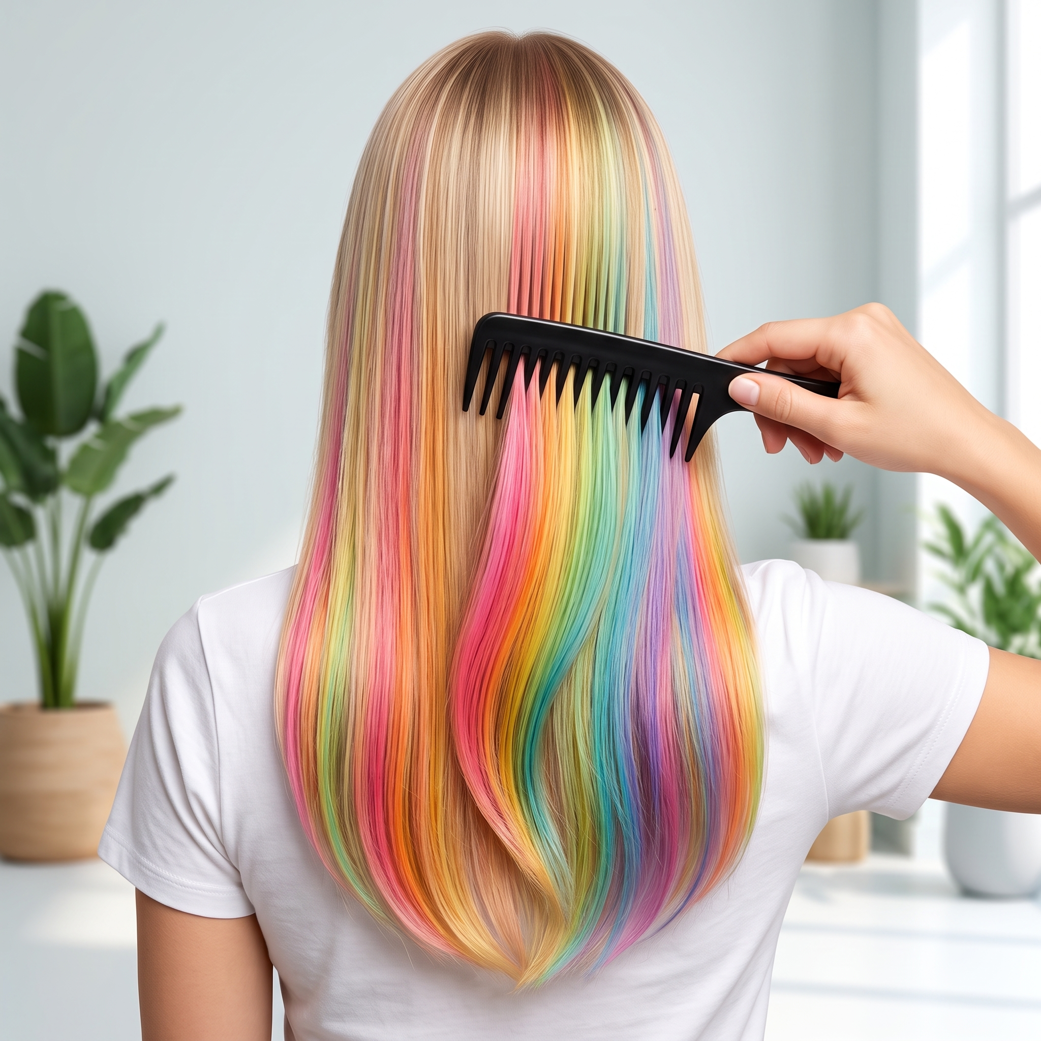 Rainbow-colored hair being combed