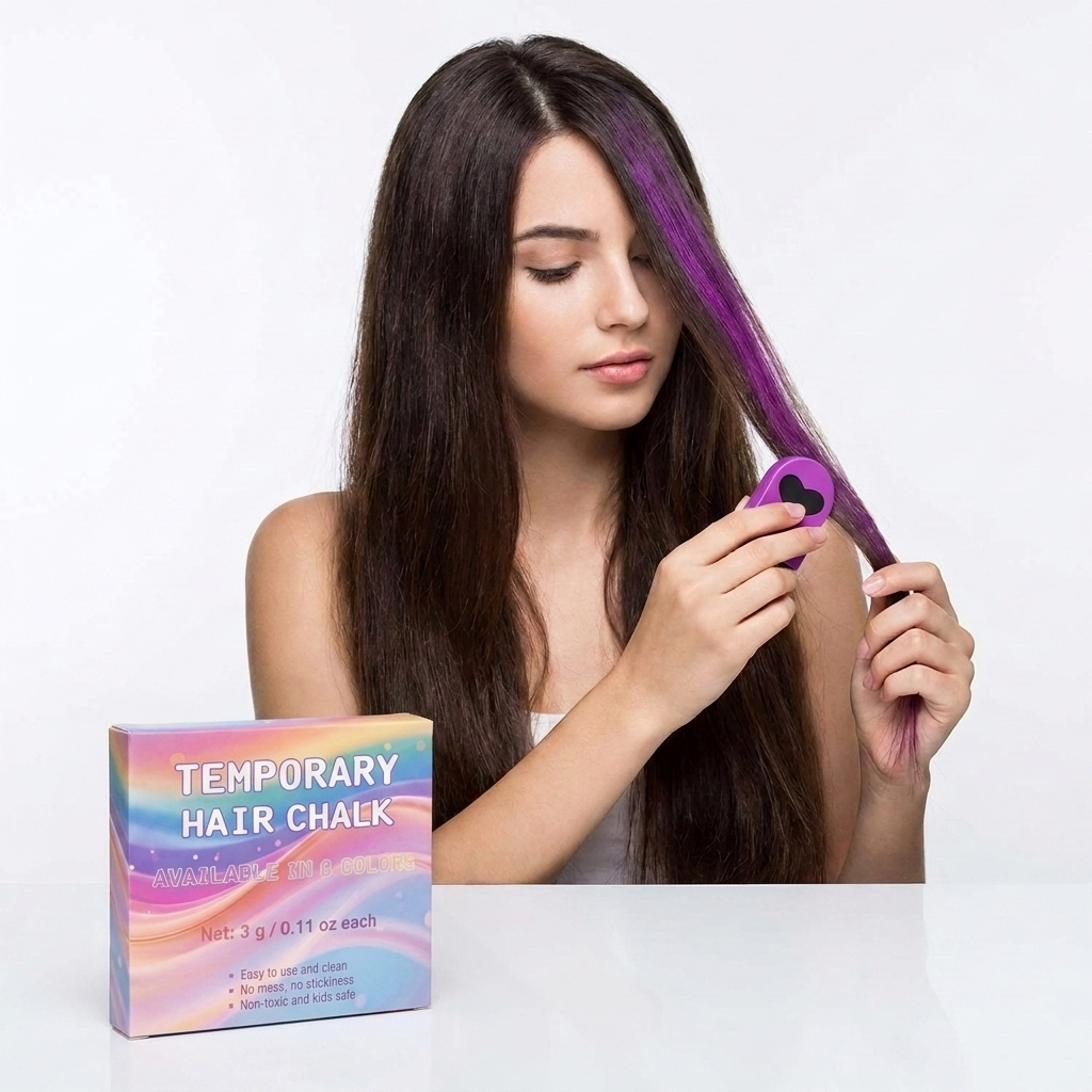 Girl applying purple hair chalk to a strand of hair