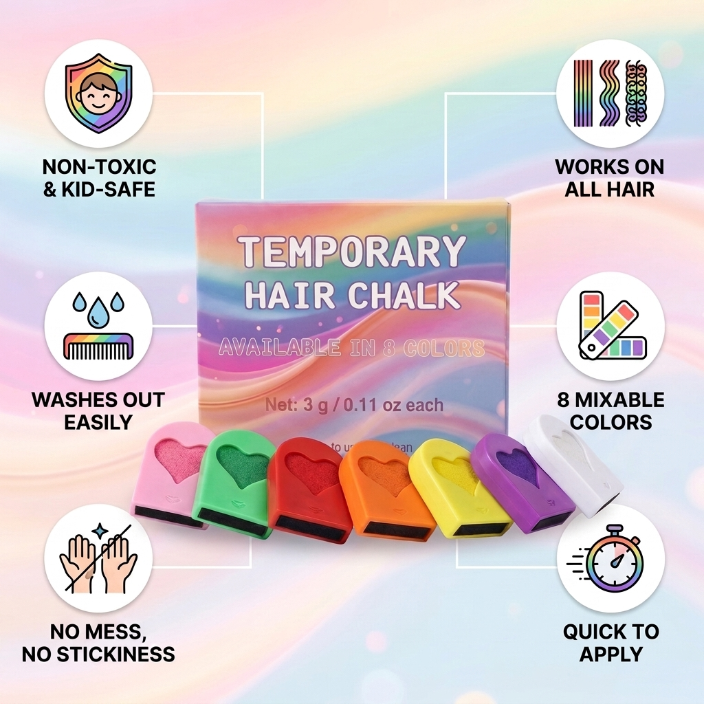 Temporary Hair Chalk benefits - non-toxic, washable, 8 colors, quick to apply